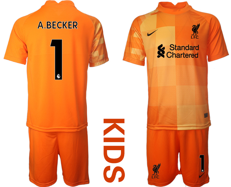 Youth 2021-2022 Club Liverpool orange red goalkeeper #1 Soccer Jersey